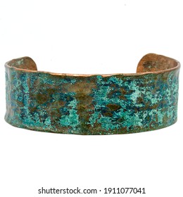 Turquoise Jewelry. Copper Bracelet. Oxidized Patina Coloring Effect. Ancient Times Bangle. Isolated On White Background.