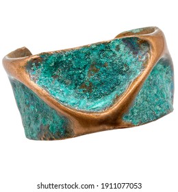 Turquoise Jewelry. Copper Bracelet. Oxidized Patina Coloring Effect. Ancient Times Bangle. Isolated On White Background.