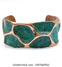 Turquoise Jewelry. Copper Bracelet. Oxidized Patina Coloring Effect. Ancient Times Bangle. Isolated On White Background.