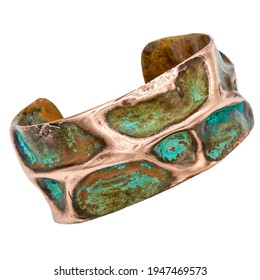 Turquoise Jewelry. Copper Bracelet. Oxidized Patina Coloring Effect. Ancient Times Bangle. Isolated On White Background.