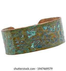 Turquoise Jewelry. Copper Bracelet. Oxidized Patina Coloring Effect. Ancient Times Bangle. Isolated On White Background.