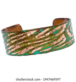 Turquoise Jewelry. Copper Bracelet. Oxidized Patina Coloring Effect. Ancient Times Bangle. Isolated On White Background.