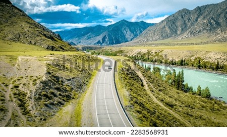 Turquoise Katun River valley in Altai Mountains. Panoramic aerial view along scenic highway Chuysky Tract. Nature landscape near Maly Yaloman, Altai Republic, Siberia, Russia Stock foto © 