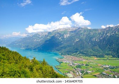 Turquoise Lake Brienz In Interlaken, Switzerland From Above From Harder Kulm. Amazing Swiss Landscape. Green Hills, Swiss Alps. Summer Alpine Landscapes. Nature