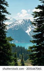 Turquoise lake with snowcapped mountains and trees in Canada