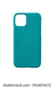 Turquoise Leather Case For Phone Isolated On White Background. Back View