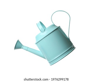 Turquoise metal watering can isolated on white
