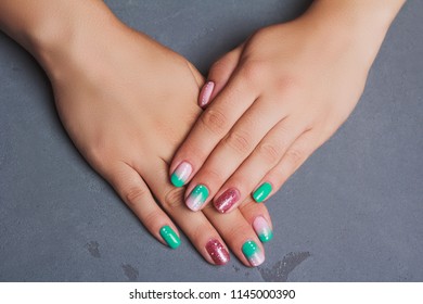 Turquoise   pink gradient nail art