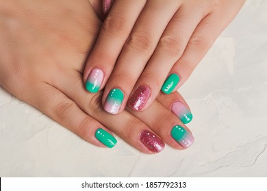 Turquoise   pink gradient nail art