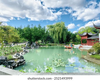 Turquoise pond, Red pavilion, Tranquil waters, Montreal , Peaceful escape, Zen harmony, Lush greenery, Traditional architecture, Vibrant contrast, Calm retreat, Japanese serenity, botanical garden - Powered by Shutterstock