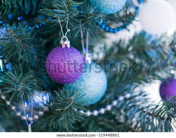 Turquoise Purple Christmas Ornaments On Christmas Stock Photo