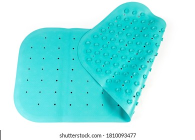 Turquoise rectangular natural rubber anti-slip children's mat for baths and showers with suction cups for attachment, view from both sides on a white background 