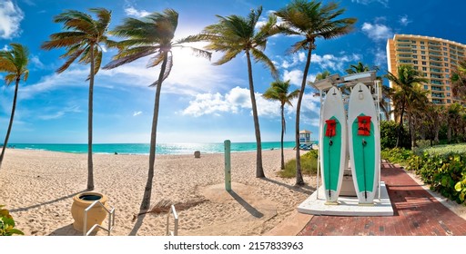 Turquoise sand palm beach and waterfront in Hollywood panoramic view, Florida, United states of America - Shutterstock ID 2157833963