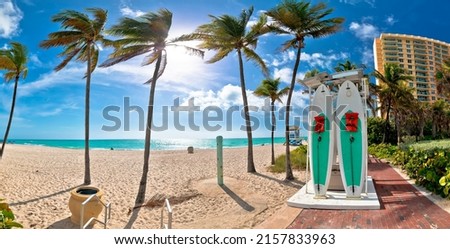 Turquoise sand palm beach and waterfront in Hollywood panoramic view, Florida, United states of America