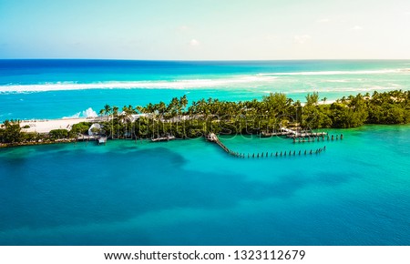 Turquoise sea water and cloudy blue sky. Nature landscape Caribbean sea. Bahamas. Nassau