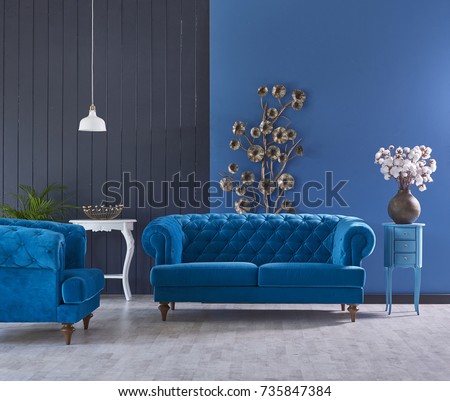 turquoise sofa classic living room decoration grey and blue wall horizontal banner with empty wooden floor interior style