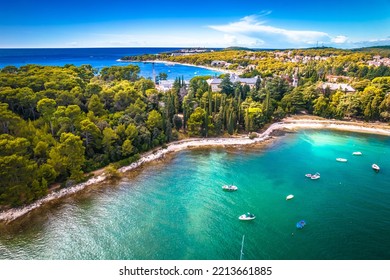 Turquoise stone beach in Rovinj aerial view, pine trees archipelago, Istria region of Croatia
