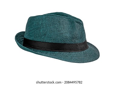 Turquoise straw hat isolated on a white background. Elegant broad-brim hat with black ribbon, side view - Powered by Shutterstock