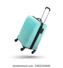 Turquoise suitcase in air on white background