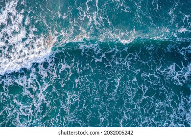 Turquoise Water Frothy Indonesia Ocean Surface With Big Wave. Open Mediterranean Sea From Aerial Top View.