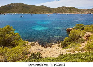 Turquoise Waters In Cabrera Island Shoreline Landscape. Balearic Islands. Spain