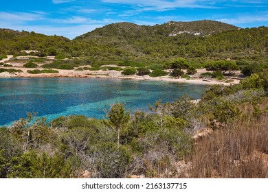 Turquoise Waters In Cabrera Island Shoreline Landscape. Balearic Islands. Spain