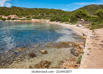 Turquoise Waters In Cabrera Island Shoreline Landscape. Balearic Islands. Spain