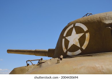 The Turret Of An American World War II Tank With Star Of Us Army Emblem With Blue Sky Background , Sant'Oreste, Rome, Italy 