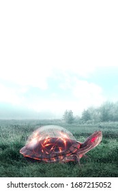 
turtle and magic sphere. Surreal artwork. Manipulation.