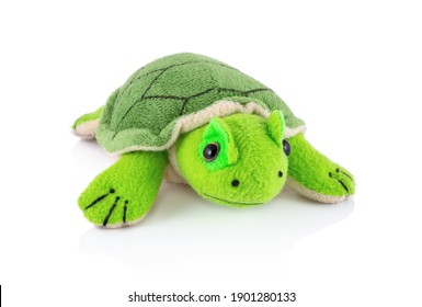 Turtle Plushie Doll Isolated On White Background With Shadow Reflection. Plush Stuffed Puppet On White Backdrop. Fluffy Turtle Toy For Children. Cute Furry Animal Plaything For Kids. Green Reptile.