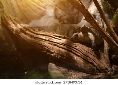 Turtle resting on a large fallen log in a sunlit terrarium.