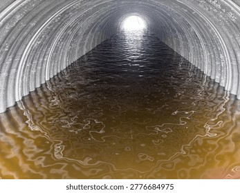The Turtle River running through a huge culvert in the spring.  Murky brown water reflecting off the metal via the sun coming through the end of the culvert.