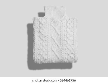 Turtleneck Cotton Cableknit White Warm Sweater Neatly Folded Isolated On White