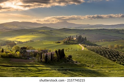 Tuscan countryside near San Quirico d'Orcia on foggy early morning sunrise in Tuscany, Italy, April.