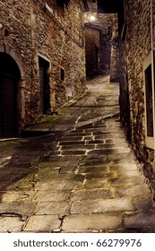 Tuscan Dark Alley At Night, Narrow Dirty Corner Of Street In The Old Village Of Tuscany