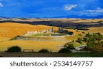 Tuscan landscape near the town of Lajatico, in the province of Pisa, Italy with the Teatro del Silenzio in the background