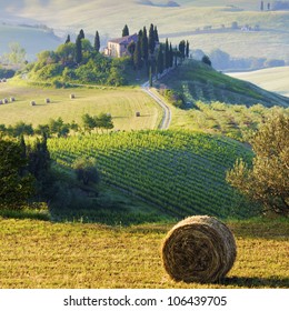 Tuscan Morning Countryside. Farmhouse And Hills