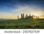 Tuscany landscape with cypresses and farmstead at sunrise, dawn, San Quirico d