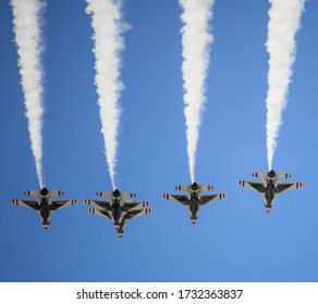 Tustin, CA / USA - May 15, 2020:  Thunderbird Planes Fly Over Tustin, CA To Honor California's First Covid-19 Responders