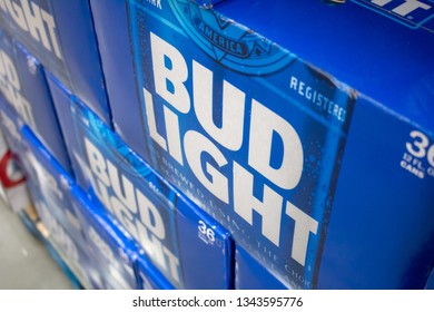 Tustin, California/United States - 03/18/19: Big Blue Cases Of Bud Light Beer Cans, For Purchase At Costco