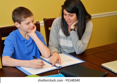 Tutor helping a young student with his studies
