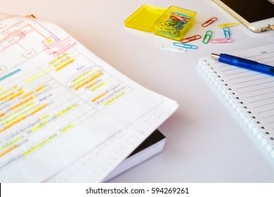 Tutorial Document Sheet And Book For An Examination With Blurred Highlight Color And Thai Text On The White Desk Table.