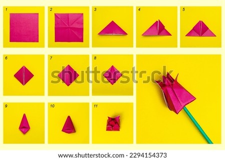 Tutorial handmade paper tulip origami, mother's, woman day concept.