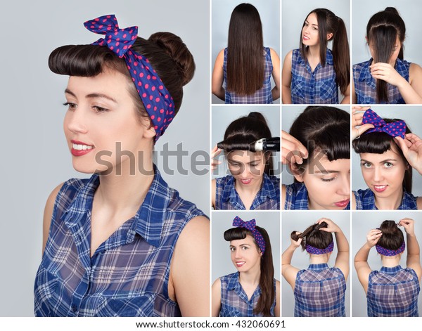 Tutorial Photo Simple Hairstyle Bun Pinup Stock Photo Edit Now