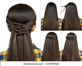 tutorial photo step by step of simple hairstyle twisted plait for long hair