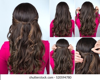 tutorial photo step by step of simple knotted hairstyle on curly hair