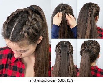 Tutorial Photo Step By Step Of Simple Hairstyle Pony Tail With Braid For Long Hair  