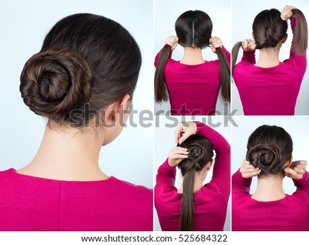 tutorial photo step by step of simple hairstyle twisted bun for long hair  