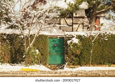 Tuzla, İstanbul, February 2017. Snowy Weather In Istanbul, Street View With Snow And Green Door.