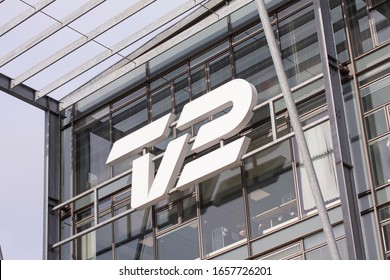 TV 2 Logo Sign On Top Of Copenhagen Headquarters. TV 2 Is A Government-owned Subscription Television Station In Denmark. Copenhagen, Denmark - February 27, 2020.